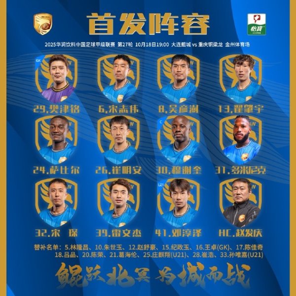 2025赛季中甲职业联赛  第27轮，大连鲲城VS重庆铜梁龙杆位出炉！