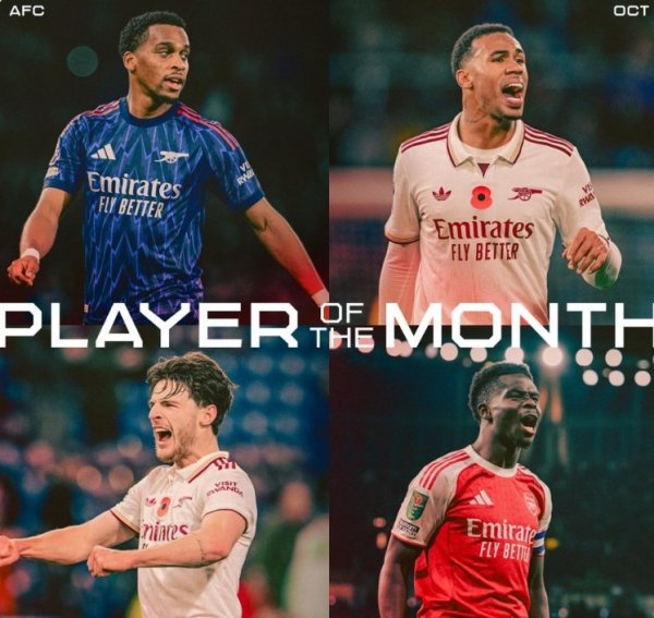 阿森纳官方10月最佳球员候选：赖斯、萨卡、加布里埃尔、廷伯